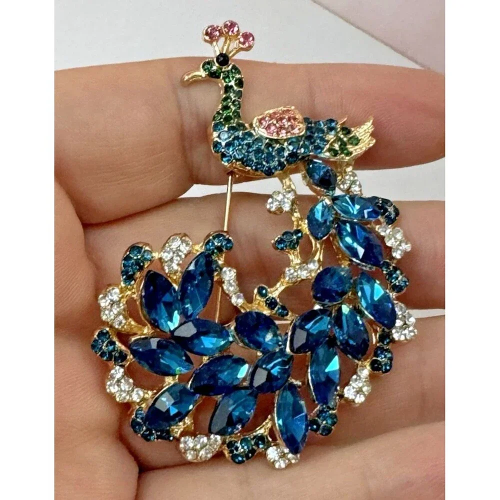 Peacock Brooch Blue Rhinestone Navette Goldtone Pin 2.25”